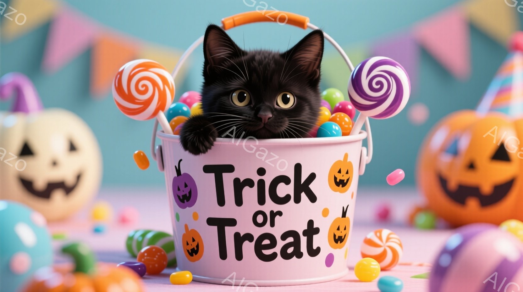 黒い子猫が「トリック・オア・トリート」と書かれたピンク色のバケツの中に座っており、その中にはキャンディーやロリポップが散りばめられています。背景には、ハロウィーンの装飾であるオレンジと白のジャック・オ - AI生成フリー素材
