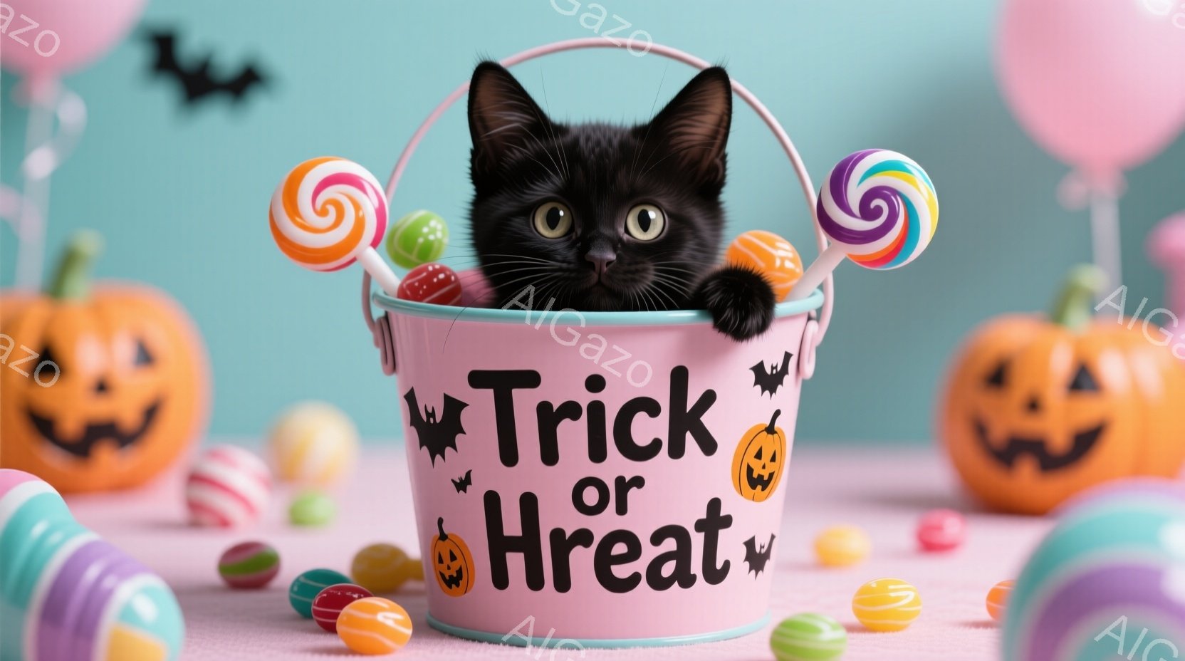 黒い子猫がハロウィーンのバケツの中に座っており、バケツには「トリック・オア・トリート」と書かれています。周囲にはカラフルなキャンディーやオレンジ色のジャック・オー・ランタンが散りばめられ、明るく楽しい - AI生成フリー素材