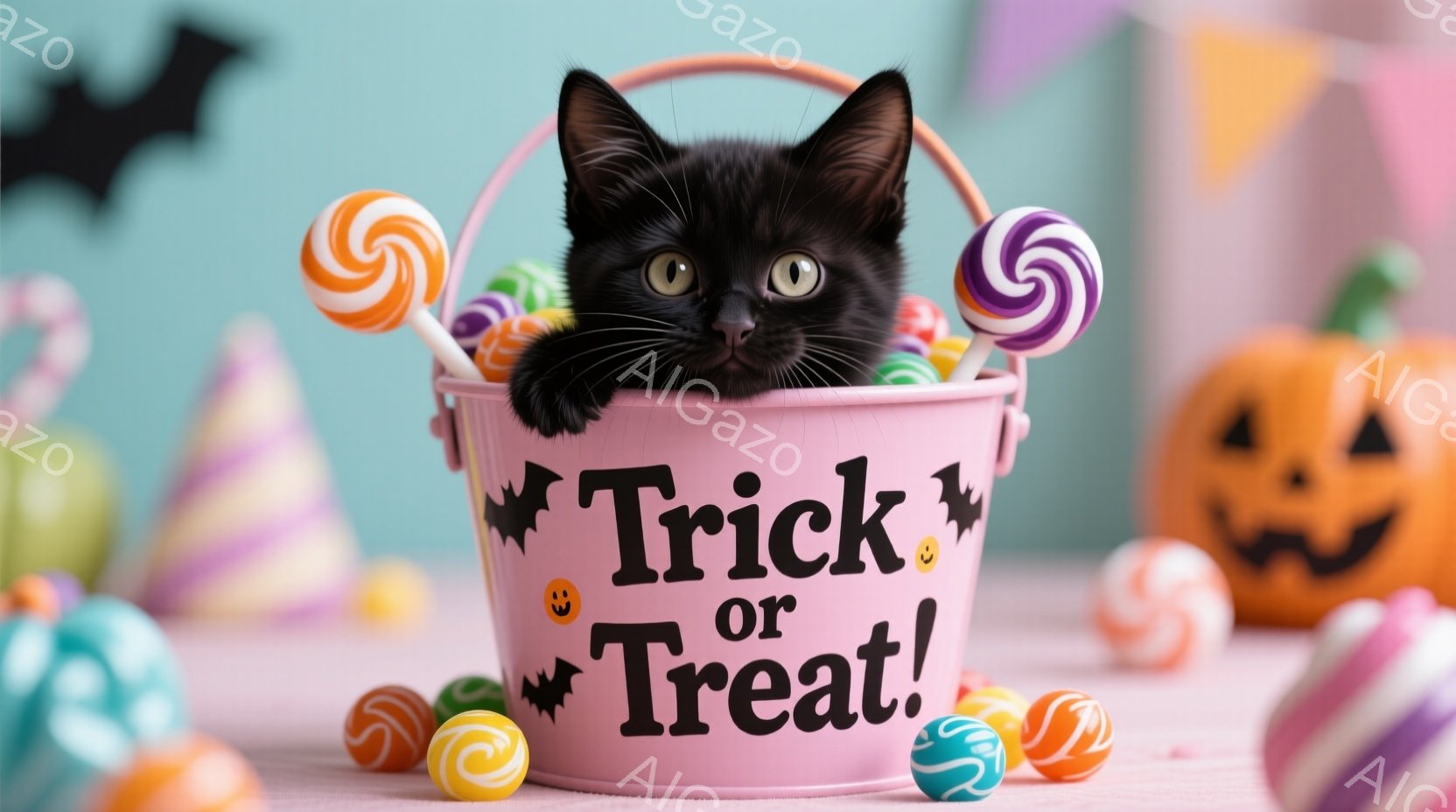 黒い子猫がピンク色の「トリック・オア・トリート」と書かれたバケツの中から顔を出しています。バケツの中にはカラフルなキャンディが詰まっており、背景にはハロウィーンの帽子とジャック・オ・ランタンが配置され - AI生成フリー素材
