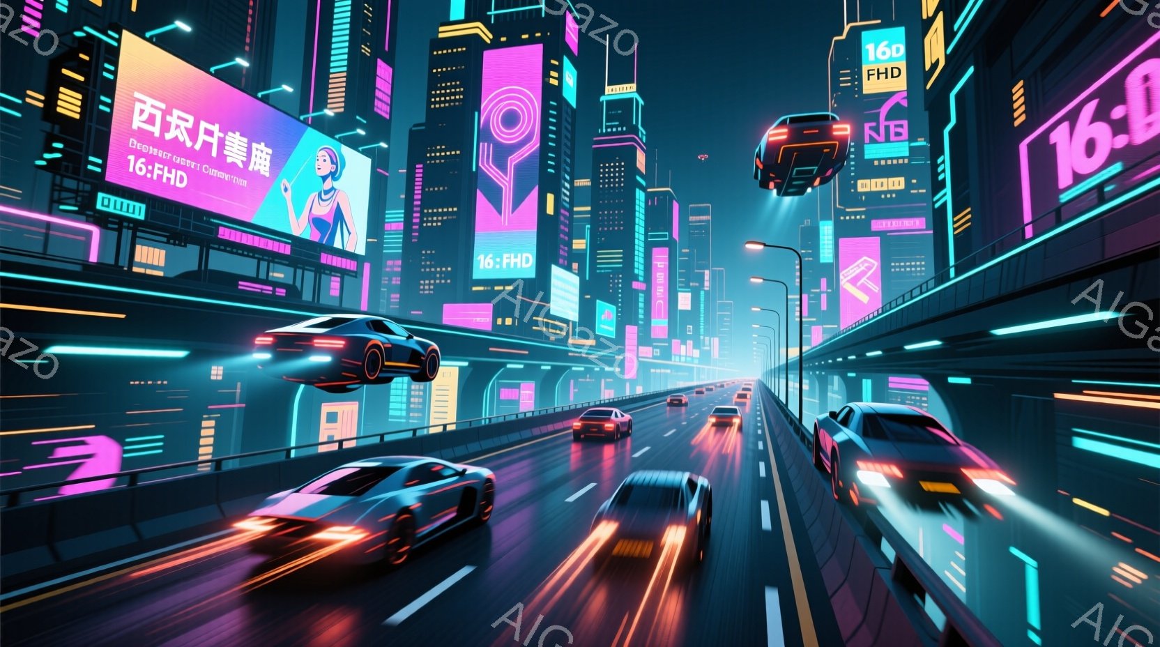 未来都市の高速道路が描かれており、ネオンライトが輝く超高層ビル群が両側に並んでいます。道路上には、流線形の未来的な車が複数台走り、スピード感を強調しています。全体的に、鮮やかな色彩と光の演出が、サイバーパンクな雰囲気を醸し出しています。