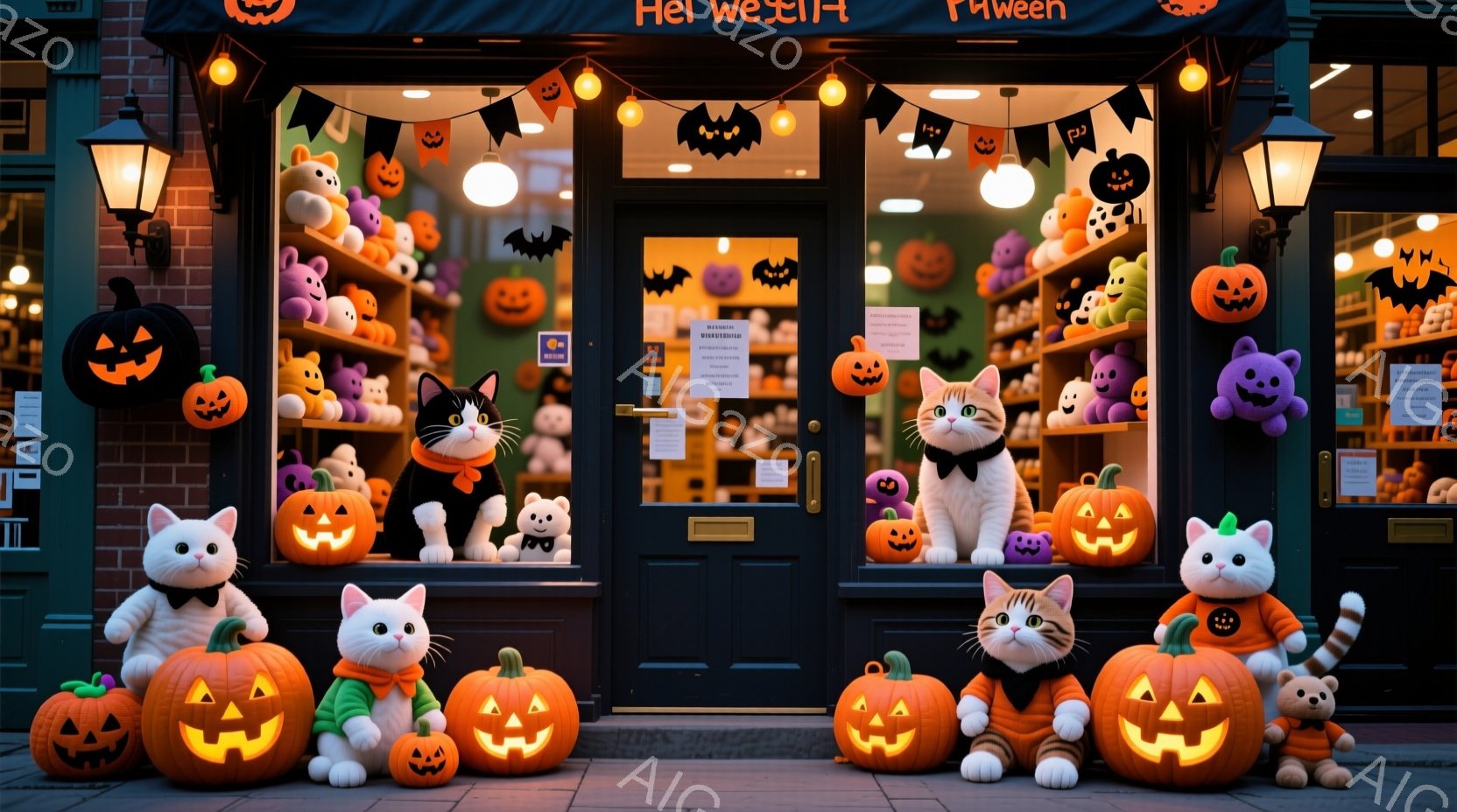 ハロウィーンの装飾で飾られた店の前に、様々なサイズのカボチャと猫のぬいぐるみたちが並んでいる。猫のぬいぐるみはそれぞれハロウィーンをテーマにした衣装を着ており、可愛らしい表情をしている。背景にはハロウィーンの飾り付けがされた店内の様子が見え、全体的に明るくお祝いムードに満ちた雰囲気である。
