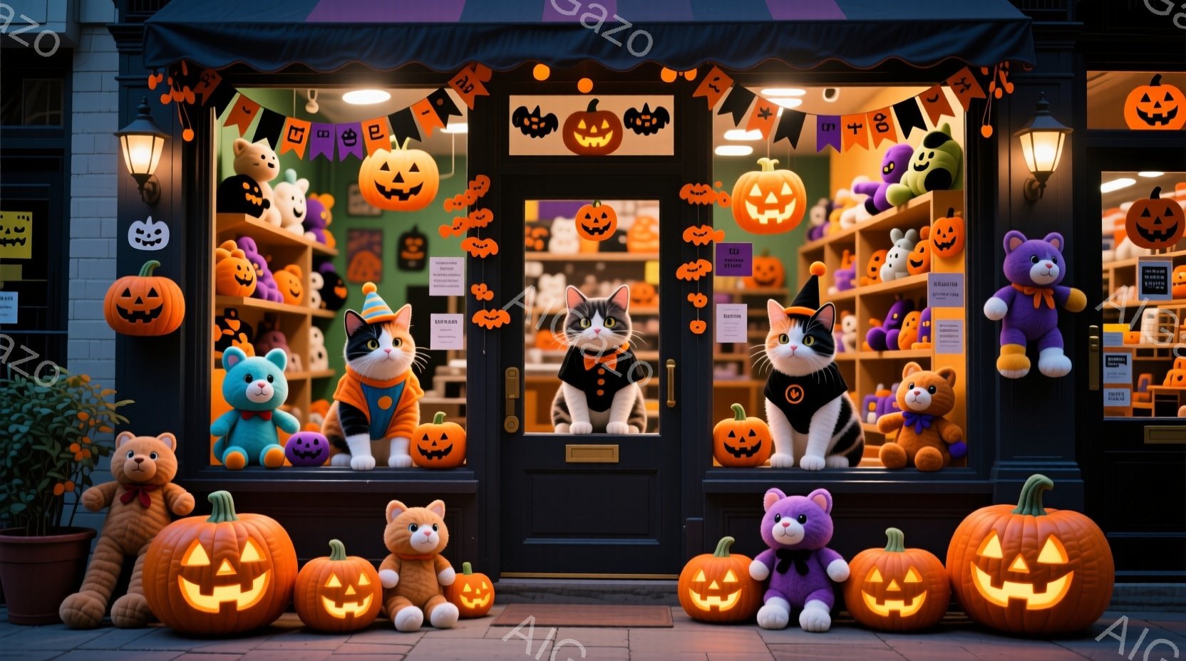 ハロウィーンの飾り付けがされたお店の前に、様々な色の猫のぬいぐるみとジャック・オ・ランタンが並べられています。お店の中にも猫のぬいぐるみやハロウィーンの飾りがあり、全体的に暖かく、お祝いムードに満ちています。夜の街並みを背景に、ハロウィーンの楽しい雰囲気が伝わってきます。