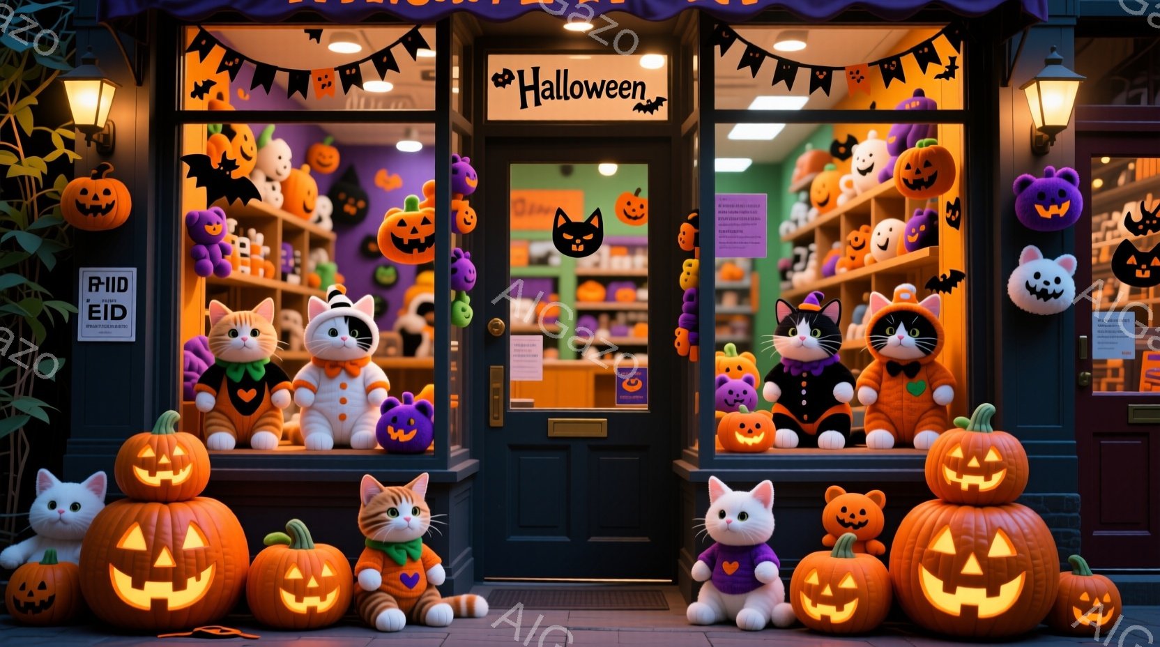 ハロウィーンの装飾が施されたお店の正面です。オレンジ色のジャック・オー・ランタンや紫色の猫のぬいぐるみが店内に並び、可愛らしい雰囲気を醸し出しています。お店の入り口にはハロウィーンの飾り付けが施されており、秋のイベントの到来を告げています。