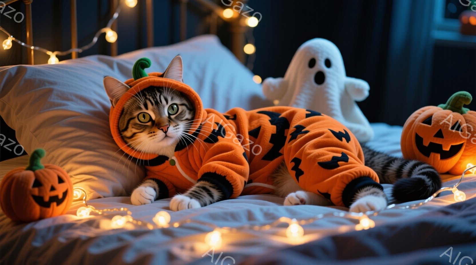 茶色の縞模様の猫が、カボチャの着ぐるみを着てベッドの上に横たわっています。その表情は少し退屈そうですが、可愛らしいです。背景には、ハロウィーンの飾りである小さなカボチャのランタンと、白い幽霊の人形、そ - AI生成フリー素材