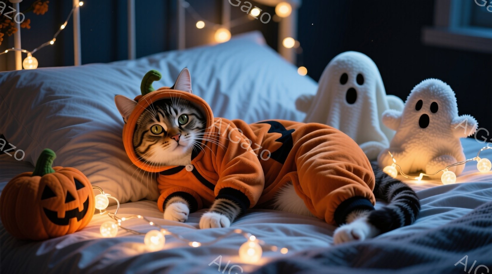 白いベッドの上に、オレンジ色のカボチャのコスチュームを着た縞模様の猫が横たわっています。猫はリラックスした表情で、前足を伸ばして仰向けになっており、隣には白いお化けのぬいぐるみとカボチャの置物が置かれ - AI生成フリー素材