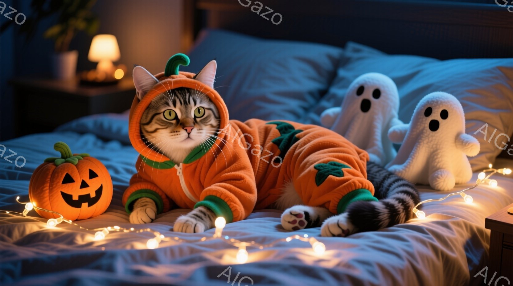 ベッドの上に、カボチャの衣装を着た猫が横たわっています。その猫は縞模様で、少し退屈そうな表情をしています。背景には、ハロウィーンの装飾として、小さなカボチャのランタンと白い幽霊のぬいぐるみがあり、ベッ - AI生成フリー素材