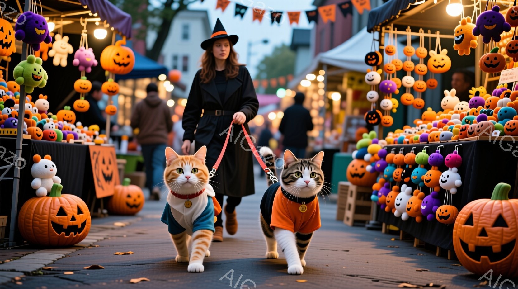 ハロウィーンの装飾が施された通りを、帽子を被った女性が二匹の猫と一緒に歩いている。猫たちはそれぞれ青とオレンジのコスチュームを着ており、女性は黒いコートを着ている。背景には、たくさんのカボチャのランタンや装飾が並び、お祭り騒ぎのような雰囲気で、夜の街は賑わっている。
