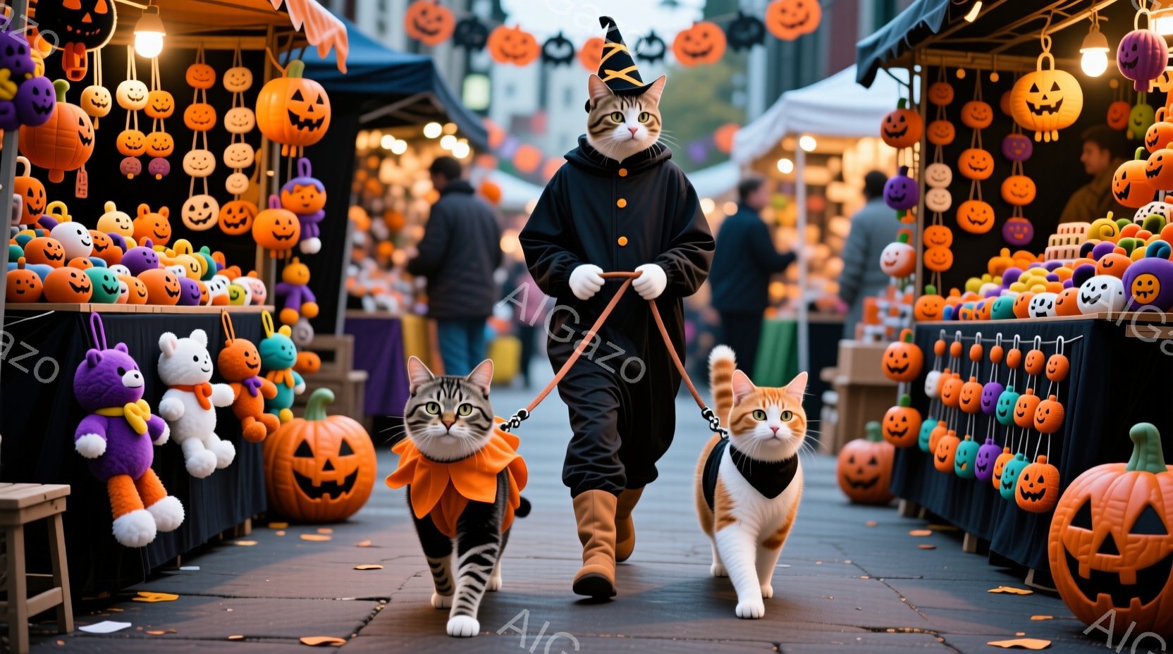 ハロウィーンの装飾が施された通りを、黒い衣装を着た人が、2匹の猫をリードで繋いで歩いている。猫たちはそれぞれオレンジと白の可愛らしい衣装を着ており、前方を向いて歩いている。背景には、カラフルなカボチャのランタンやぬいぐるみ、そして人々の姿が見え、お祭り騒ぎの賑やかな雰囲気が漂っている。