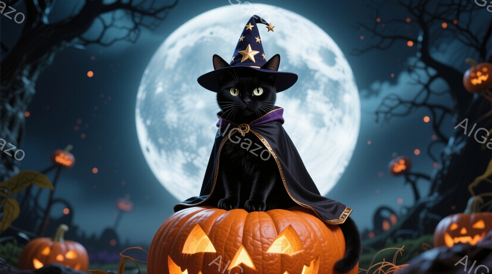 黒猫がカボチャの上に座っており、ハロウィーン風の帽子とマントを身に着けている。背景には満月と、ぼんやりと見える木のシルエット、そして様々な大きさのジャック・オ・ランタンが散りばめられている。全体的に神 - AI生成フリー素材