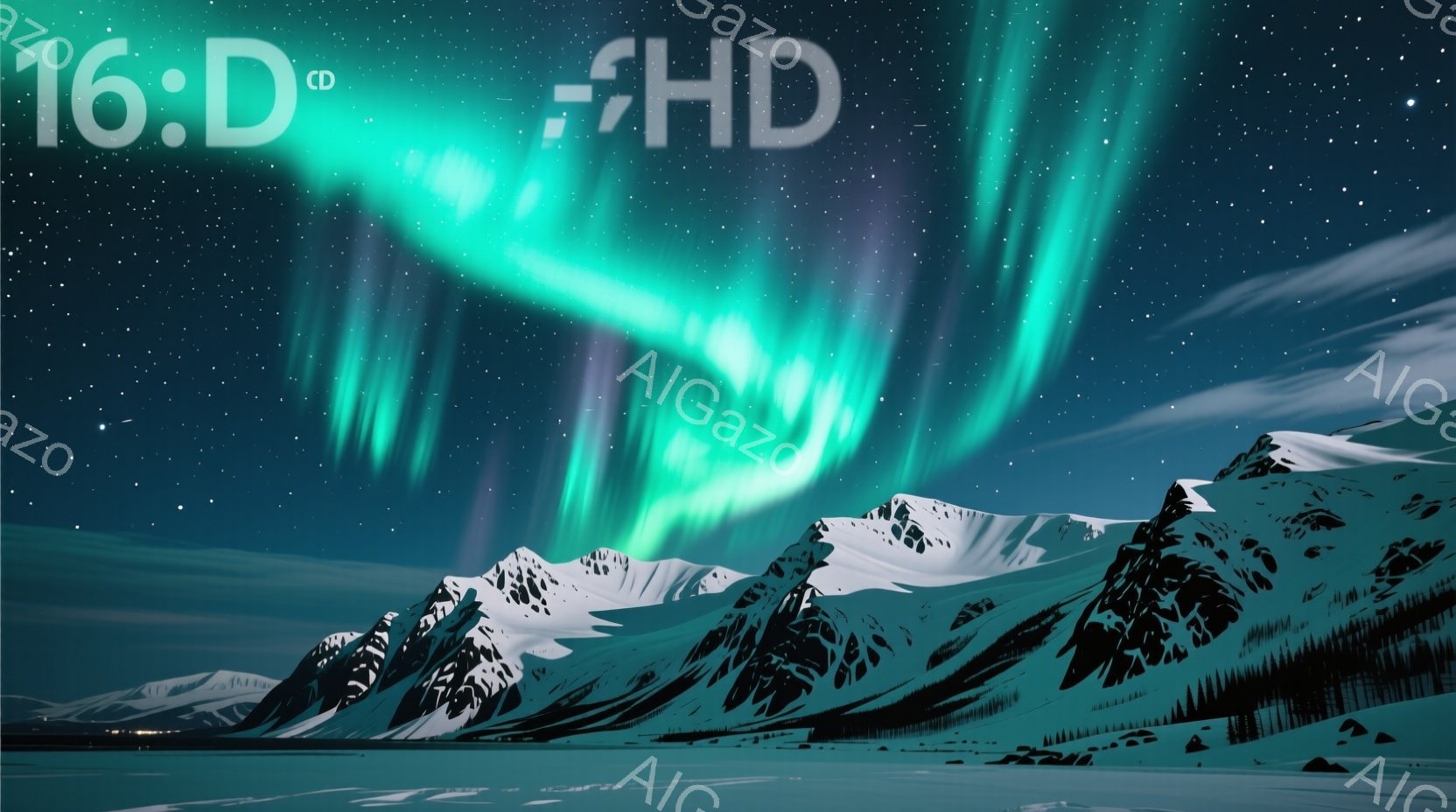 険しい山々が広がる雪景色の中に、鮮やかなオーロラが空を彩っている。山肌は白く雪に覆われ、麓には暗い緑の針葉樹林が広がっている。オーロラはエメラルドグリーンと紫色のグラデーションで、夜空に幻想的な光のカ - AI生成フリー素材