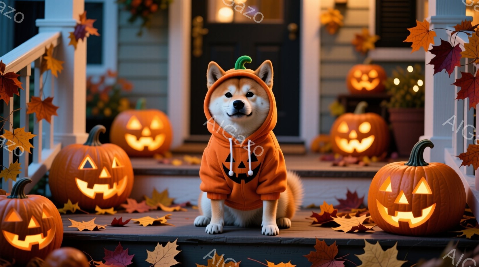 オレンジ色のパーカーを着た柴犬が、ハロウィーンの装飾が施された家の玄関ポーチに座っています。周囲には様々な大きさのジャック・オー・ランタンが置かれ、落ち葉が散らばっている様子から秋の雰囲気を感じさせま - AI生成フリー素材