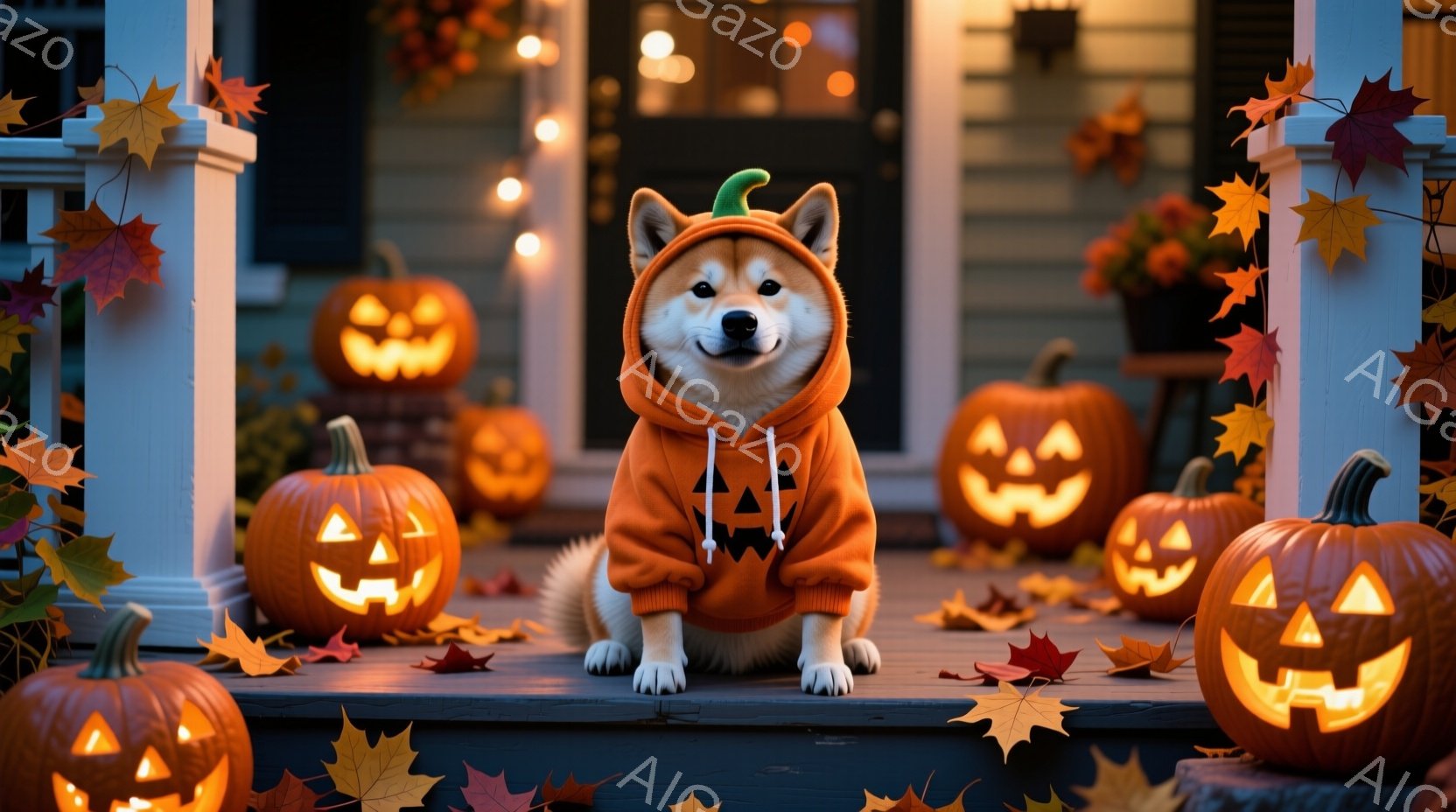 柴犬がハロウィーンをテーマにしたオレンジ色のパーカーを着て、家のポーチの階段に座っています。周囲には、さまざまな大きさのジャック・オー・ランタンが配置され、落ち葉が舞い散る秋の雰囲気です。ポーチには装飾が施され、温かい光が灯っており、お祝いムードを演出しています。