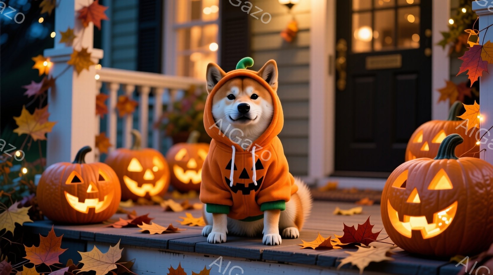 柴犬がハロウィーンの衣装を着て、家の玄関ポーチの階段に座っています。オレンジ色のパーカーを着て、頭には同じ色の帽子がついており、可愛らしい表情をしています。背景には、光を灯したジャック・オ・ランタンや紅葉した葉が散らばり、秋らしい温かく楽しい雰囲気を醸し出しています。