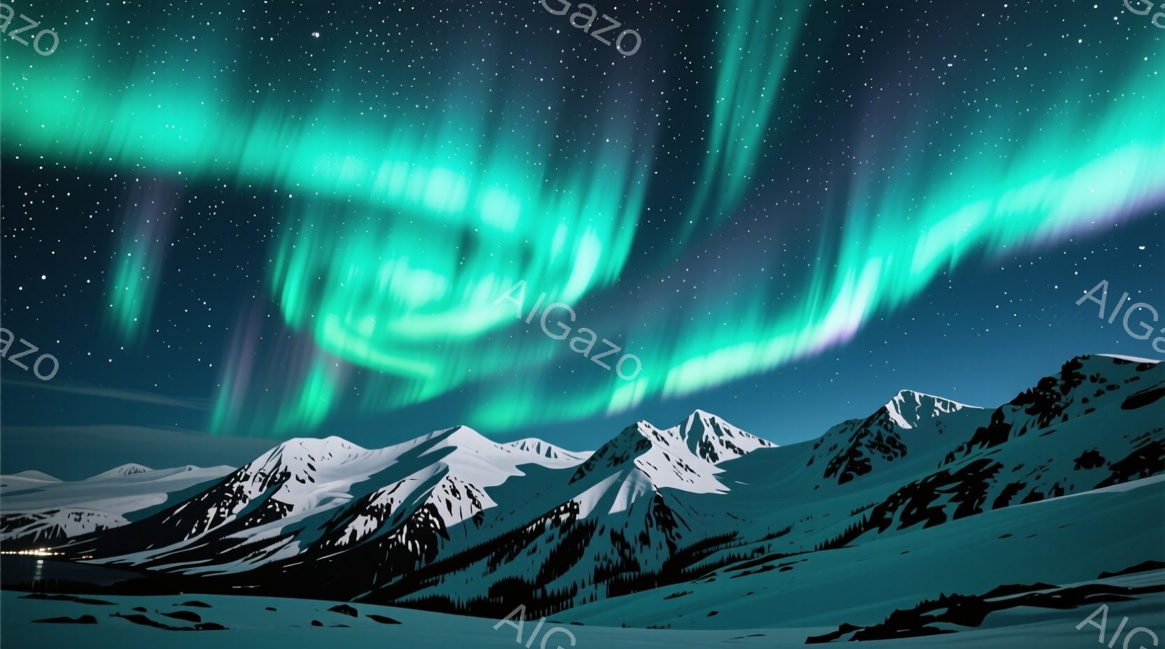 広大な雪山が連なり、その上空には緑と紫が混ざり合ったオーロラが幻想的に広がっている。山肌は雪に覆われ、麓にはわずかに光る建物が見えるが、全体的に静寂で冷たい冬の夜の雰囲気を醸し出している。オーロラの光 - AI生成フリー素材