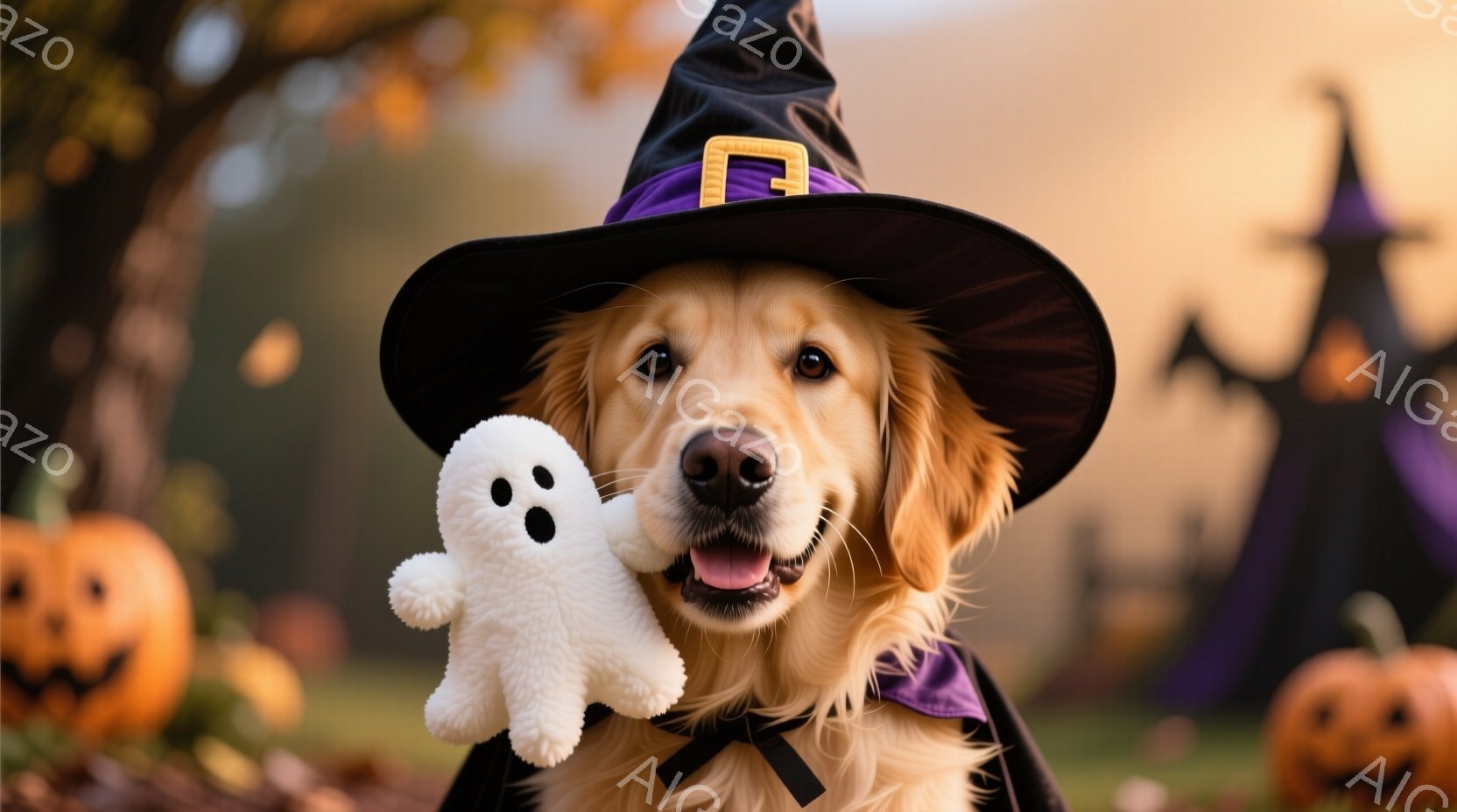 ゴールデンレトリバーがハロウィーンの衣装を着ています。黒いマントに紫色の襟元、そして先のとがった黒い帽子をかぶっています。背景にはハロウィーンの装飾であるカボチャや黒いシルエットの家々が見え、秋らしい - AI生成フリー素材