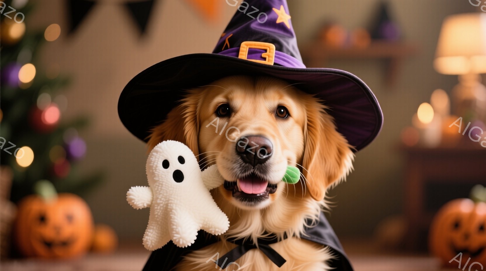 ゴールデンレトリバーがハロウィーンの魔女の帽子とマントを身に着けて正面を見つめています。口を開けて舌を出し、片方の前足で白いゴーストのおもちゃを抱えています。背景にはハロウィーンの装飾であるカボチャと - AI生成フリー素材