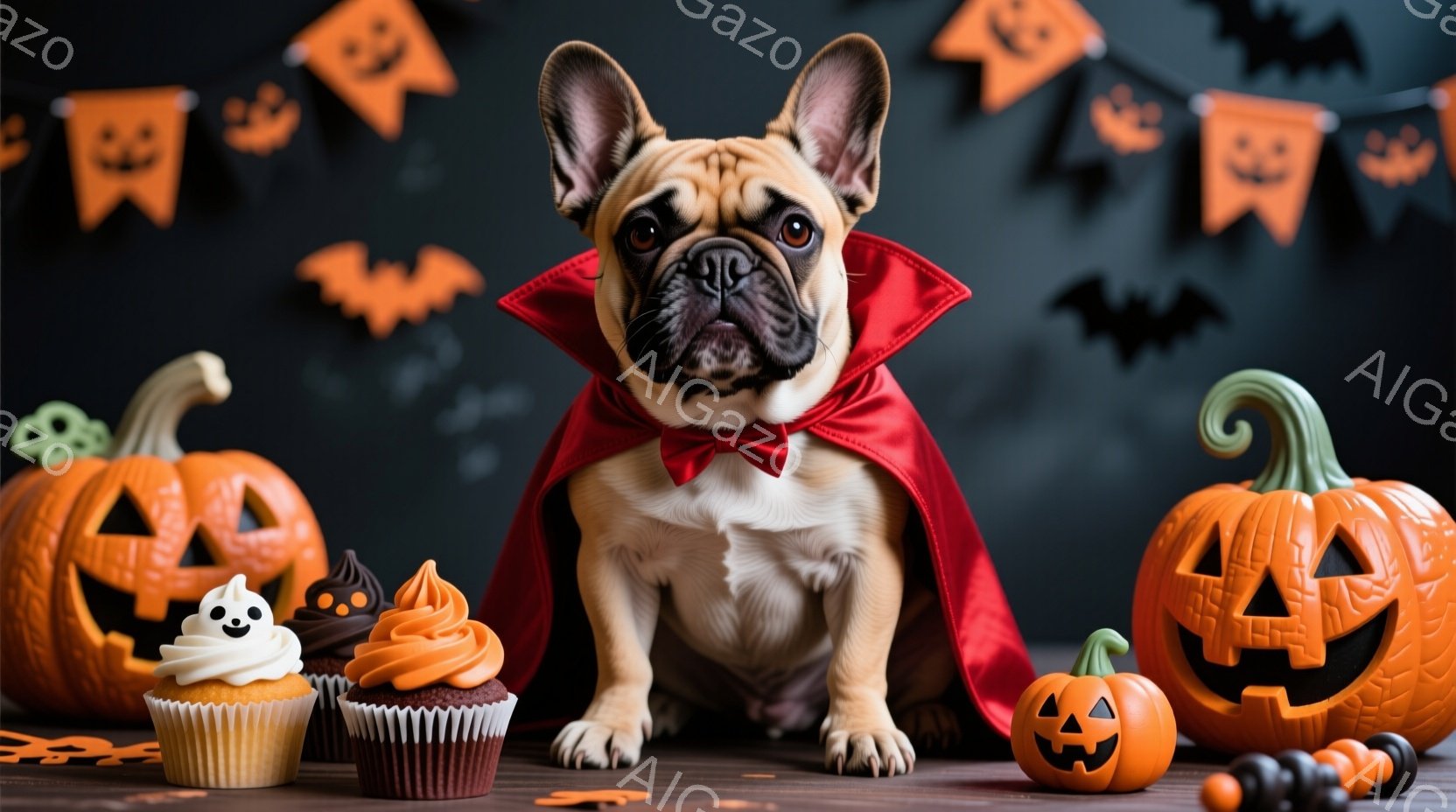 可愛らしいフレンチブルドッグがハロウィーンの衣装を着て座っています。赤いマントと蝶ネクタイが特徴的で、少しいたずらっぽい表情をしています。背景にはハロウィーンの飾り付けであるカボチャやコウモリ、カップケーキなどが配置され、お祭り気分が漂っています。
