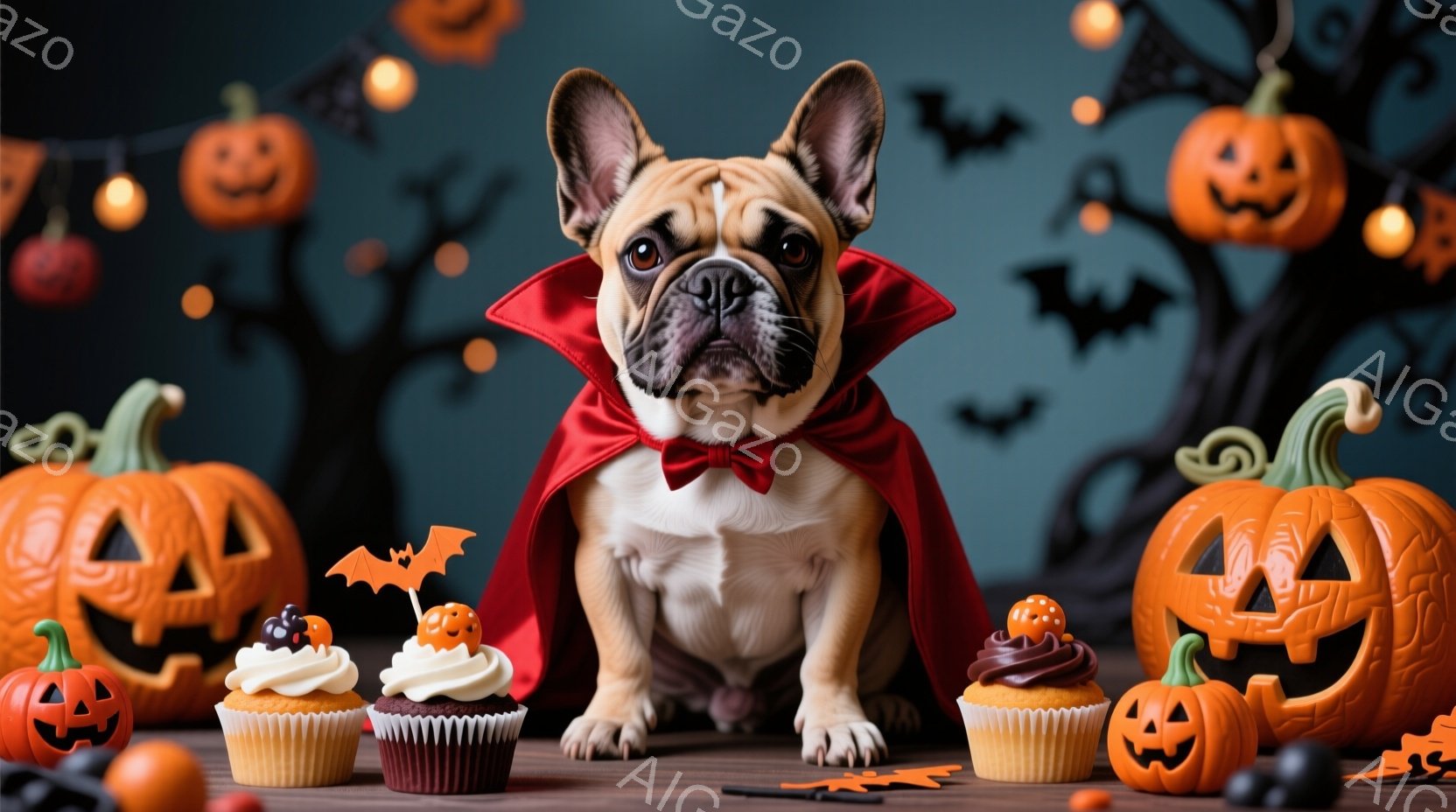 クリーム色のフレンチブルドッグが赤いケープと蝶ネクタイを着て、ハロウィーンの飾り付けられた背景を前に座っています。背景にはオレンジ色のジャック・オー・ランタンやコウモリが描かれ、テーブルの上にはカップケーキやキャンディーが並んでいます。全体的に、陽気で楽しいハロウィーンの雰囲気を醸し出しています。