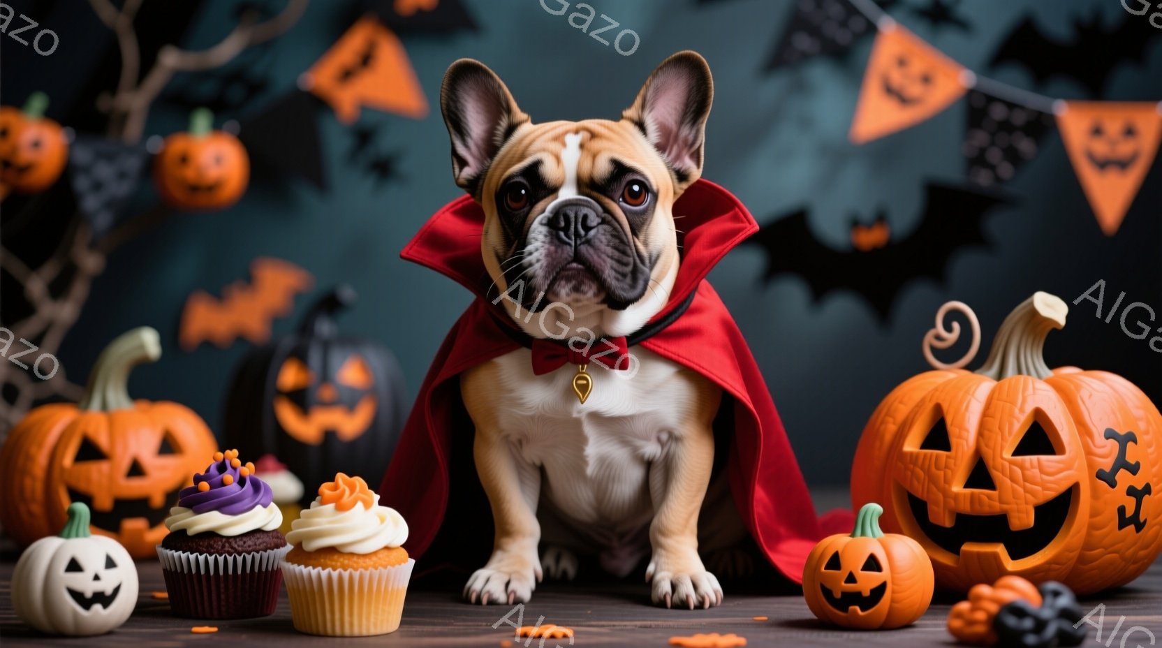 フレブル（フレンチブルドッグ）が、ハロウィーンの衣装である赤いマントと蝶ネクタイを身に着けて座っています。背景には、オレンジ色のジャック・オー・ランタン、ハロウィーンの飾り、カップケーキが配置されてお - AI生成フリー素材