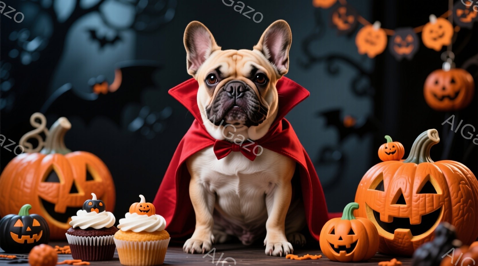 クリーム色のフレンチブルドッグが赤いケープと蝶ネクタイを着て、ハロウィーンの飾り付けられた背景の前で座っています。周りにはジャック・オー・ランタンやハロウィーンをテーマにしたカップケーキが並び、可愛らしいハロウィーンの雰囲気を醸し出しています。背景には黒い蝙蝠の飾りがあり、全体的に暖かく、楽しい雰囲気です。