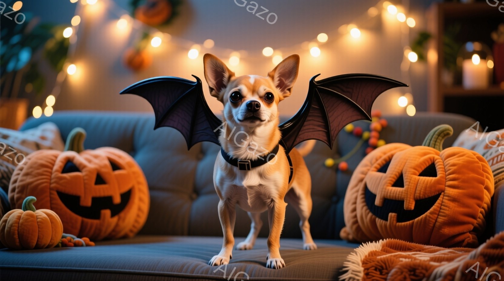 長い胴を持つダックスフンドが、ハロウィーンをテーマにしたオレンジ色のカボチャの衣装を着て床に横たわっています。背景には、ハロウィーンの装飾、カボチャのライト、そして暖炉のようなものが見え、全体的に暖か - AI生成フリー素材