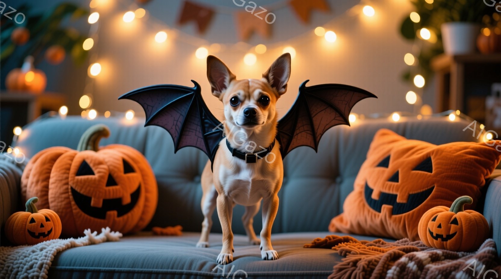 白いチワワがハロウィーンの翼を付けてソファに立っています。周りには様々な大きさのジャック・オ・ランタンが置かれ、暖かい色の照明がハロウィーンの雰囲気を高めています。背景にはぼんやりと家具が見え、全体的 - AI生成フリー素材