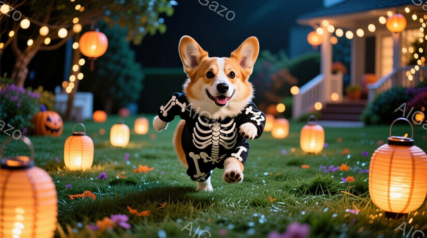 コルギ犬がハロウィーンの衣装である骸骨模様の服を着て、緑の芝生の上を走っています。背景には、オレンジ色の提灯やカボチャが飾られた家があり、夜の空に光るハロウィーンの飾り付けが施されています。全体的に、楽しくてお祝いムードあふれるハロウィーンの夜の雰囲気です。