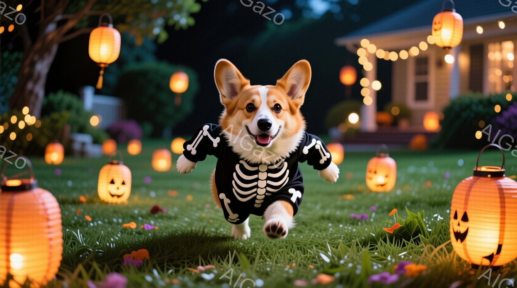 コルギ犬がハロウィーンの骸骨の衣装を着て、緑の芝生の上を走っている。背景には、オレンジ色の光を放つジャック・オー・ランタンや提灯が点在し、遠くには家の明かりが見える。全体的に暖かく、お祭り気分満載で、秋の夜の楽しい雰囲気を感じさせる。