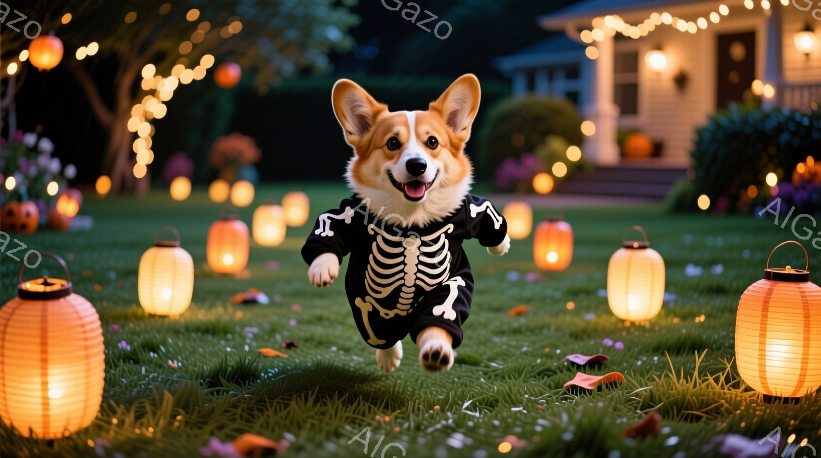 コルギ犬がハロウィーンの骨の衣装を着て、緑の芝生の上を走り回っています。背景には、オレンジ色の光を放つ提灯やカボチャが散りばめられており、遠くにはライトアップされた家が見えます。全体的に、暖かく、楽しい、お祝いの雰囲気が漂っています。