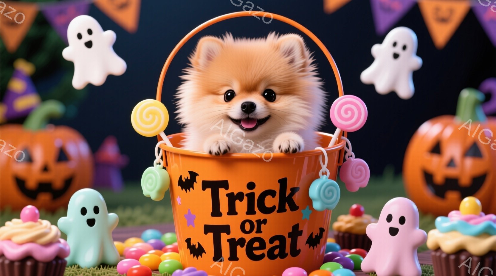 オレンジ色のハロウィーンのバケツの中に、ふわふわの茶色のポメラニアンの子犬が座っています。子犬は好奇心いっぱいの表情で、バケツから少し顔を出して楽しんでいます。背景には、お化け、カップケーキ、そしてジ - AI生成フリー素材