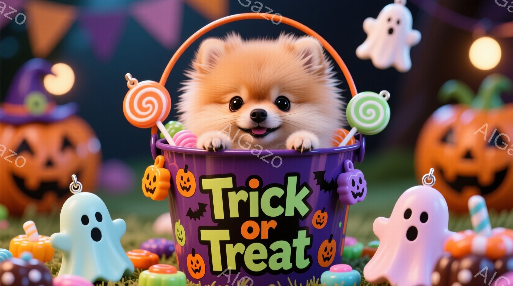 オレンジ色のふわふわした犬が、ハロウィーンをテーマにしたバケツの中から顔を出しています。バケツには「Trick or Treat」と書かれており、キャンディーや幽霊、カボチャの装飾が散りばめられていま - AI生成フリー素材