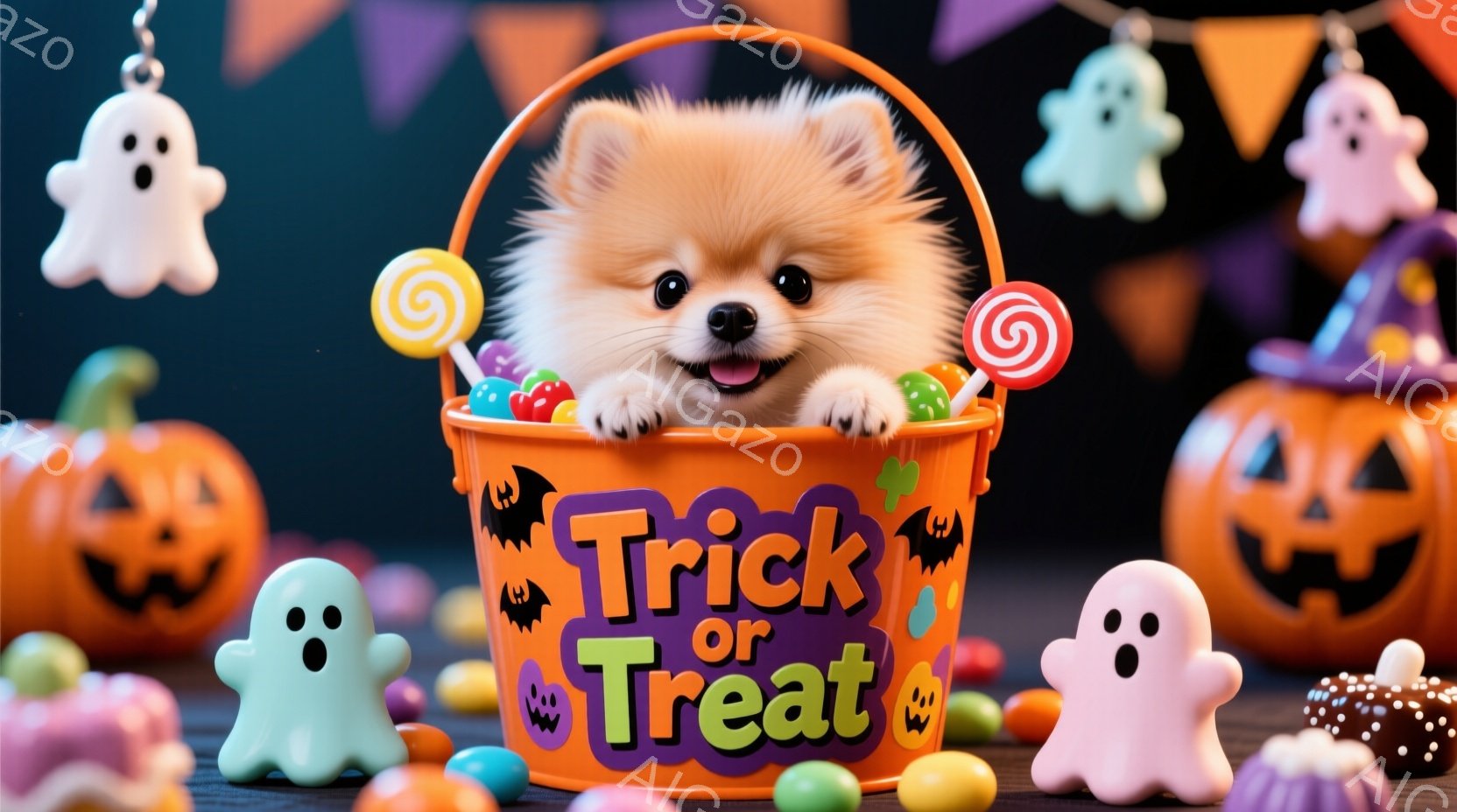 ポメラニアンの子犬がオレンジ色の「トリック・オア・トリート」と書かれたバケツの中に座っており、周りにはキャンディやハロウィーンの装飾が散りばめられています。子犬は少し不安そうな表情で、可愛らしい毛並み - AI生成フリー素材