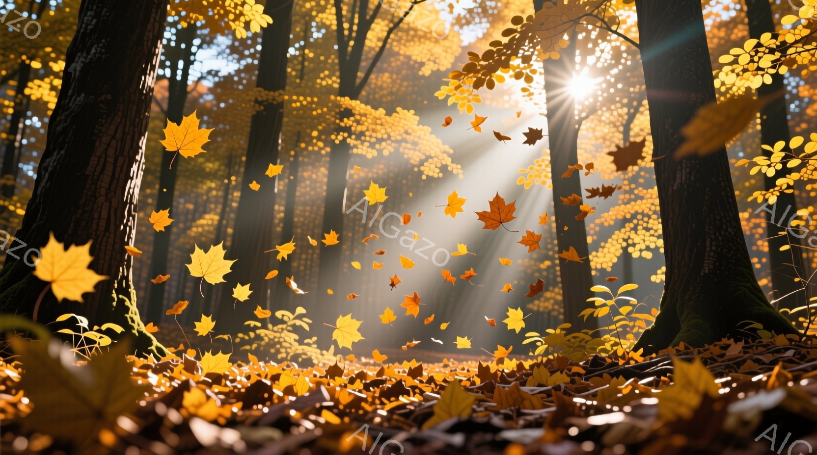 鮮やかな紅葉の葉が舞い散る、秋の森の情景が描かれています。木々の間から差し込む光線が葉を照らし、温かく幻想的な雰囲気を醸し出しています。地面は落ち葉で覆われ、自然の美しさと季節の移ろいを感じさせます。