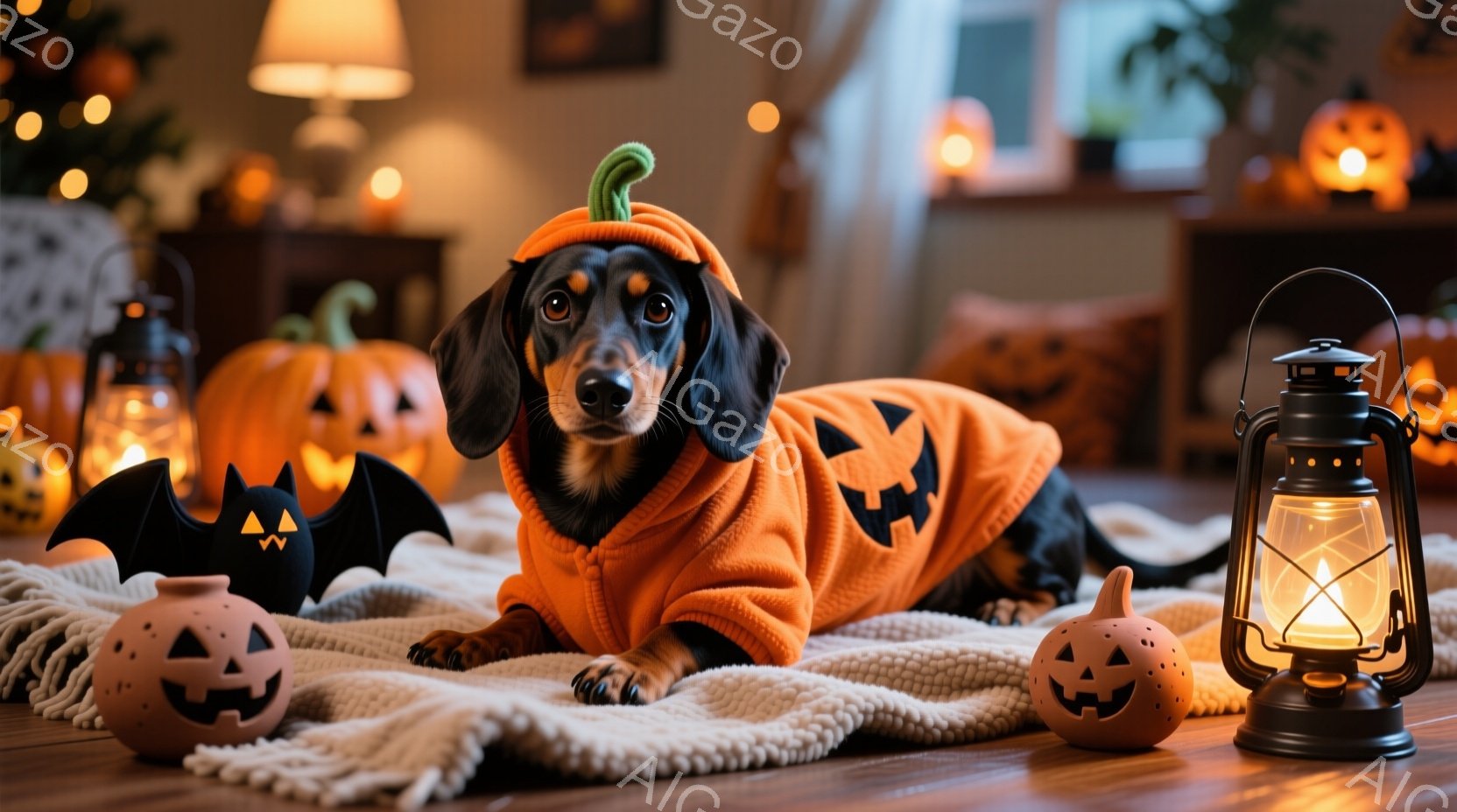 黒いダックスフンドがハロウィーンのオレンジ色のカボチャのコスチュームを着て、白い毛布の上に横たわっています。カボチャの帽子をかぶり、リラックスした表情で、周りにはカボチャの形のランタンや装飾が散りばめられています。背景には暖色系の照明が灯り、ハロウィーンの雰囲気を作り出しています。