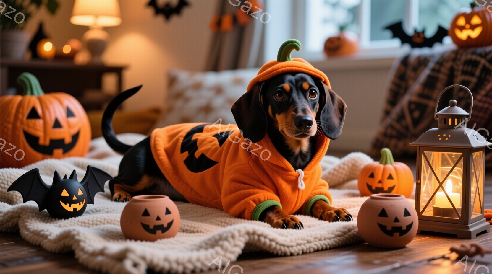ダックスフントがハロウィーンの衣装を着て、白い毛布の上に横たわっています。オレンジと黒の衣装はカボチャのようなデザインで、犬はリラックスした表情でカメラを見ています。背景には、様々な大きさのカボチャの - AI生成フリー素材