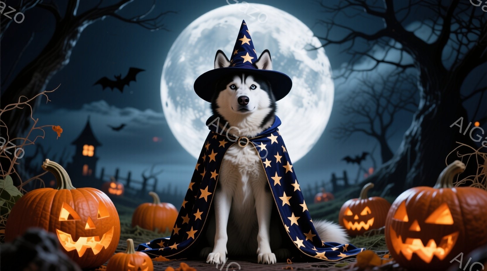 シベリアンハスキーが、星柄のケープと魔女帽子を身につけ、正面を向いて座っています。背景には、ハロウィーンの装飾であるジャック・オー・ランタンや、暗い森と屋敷、そして満月が描かれており、不気味でありなが - AI生成フリー素材