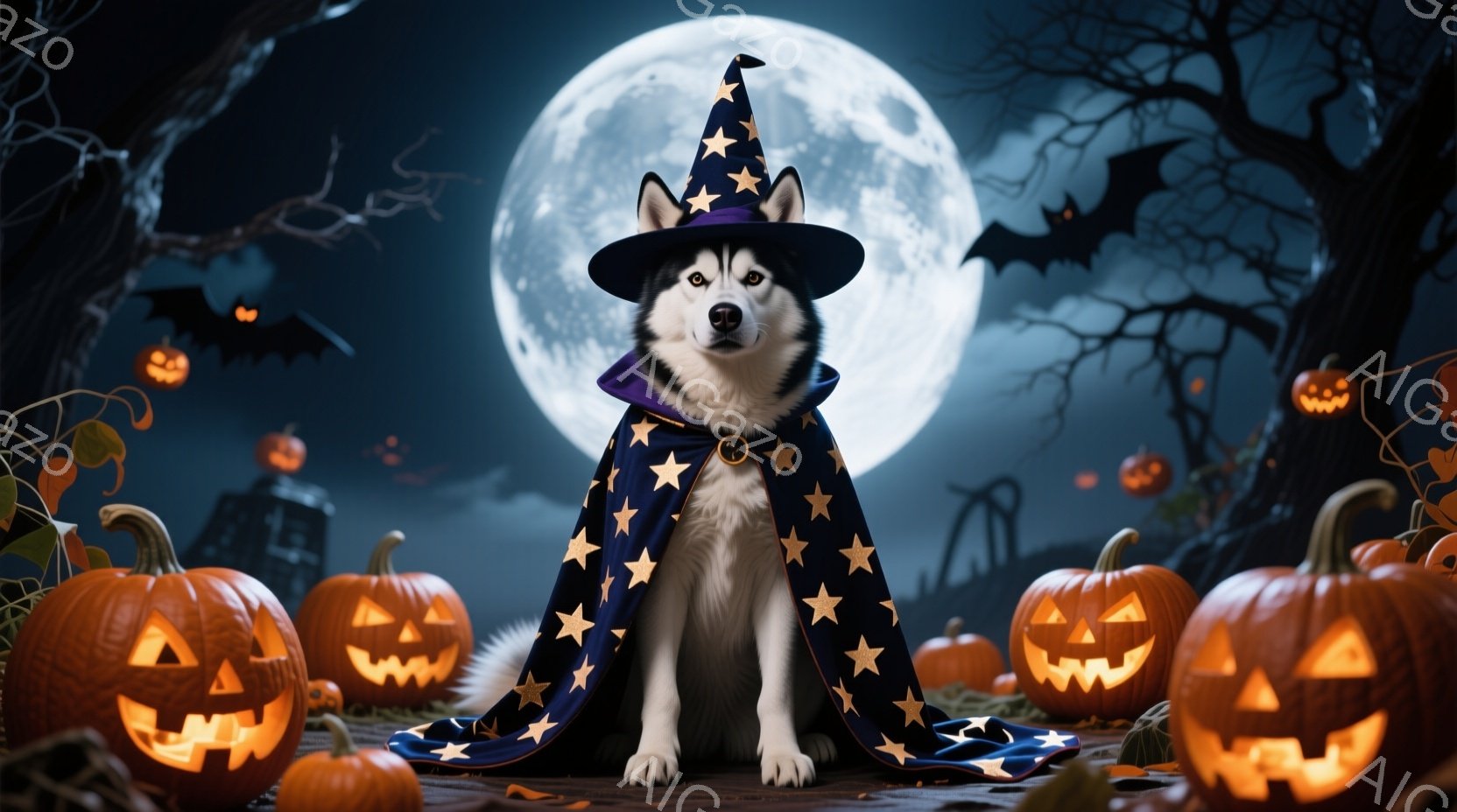 シベリアンハスキーが、星柄のケープと魔法使いの帽子を身につけて座っています。背景には、オレンジ色のジャック・オ・ランタン、墓石、そして満月とコウモリが浮かぶ不気味な森が広がっています。全体的にハロウィーンの夜の神秘的で楽しい雰囲気が漂っています。