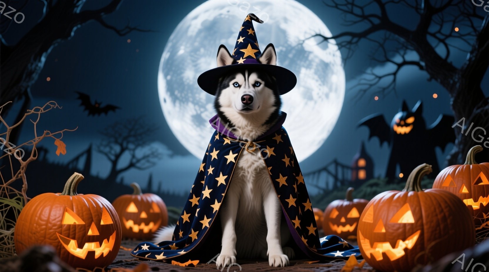 ハスキー犬がハロウィーンの魔女の衣装を着て座っています。黒い星柄のケープと先のとがった帽子を身に着け、凛々しい表情で正面を見ています。背景には、満月、シルエットの建物、ジャック・オ・ランタン、そして夜 - AI生成フリー素材