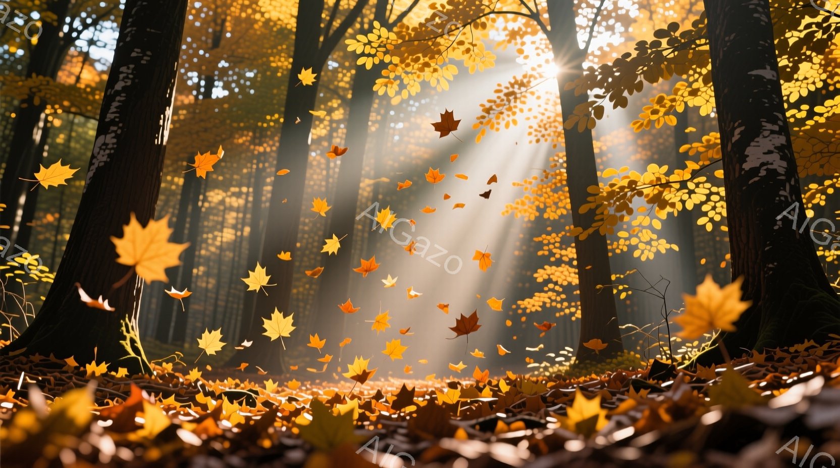 燃え立つような紅葉の森が描かれており、地面や空気中に舞う無数の赤い葉が秋の深まりを感じさせます。木々の幹は垂直に立ち並び、強い逆光によって光線が差し込み、幻想的な雰囲気を醸し出しています。地面は落ち葉 - AI生成フリー素材