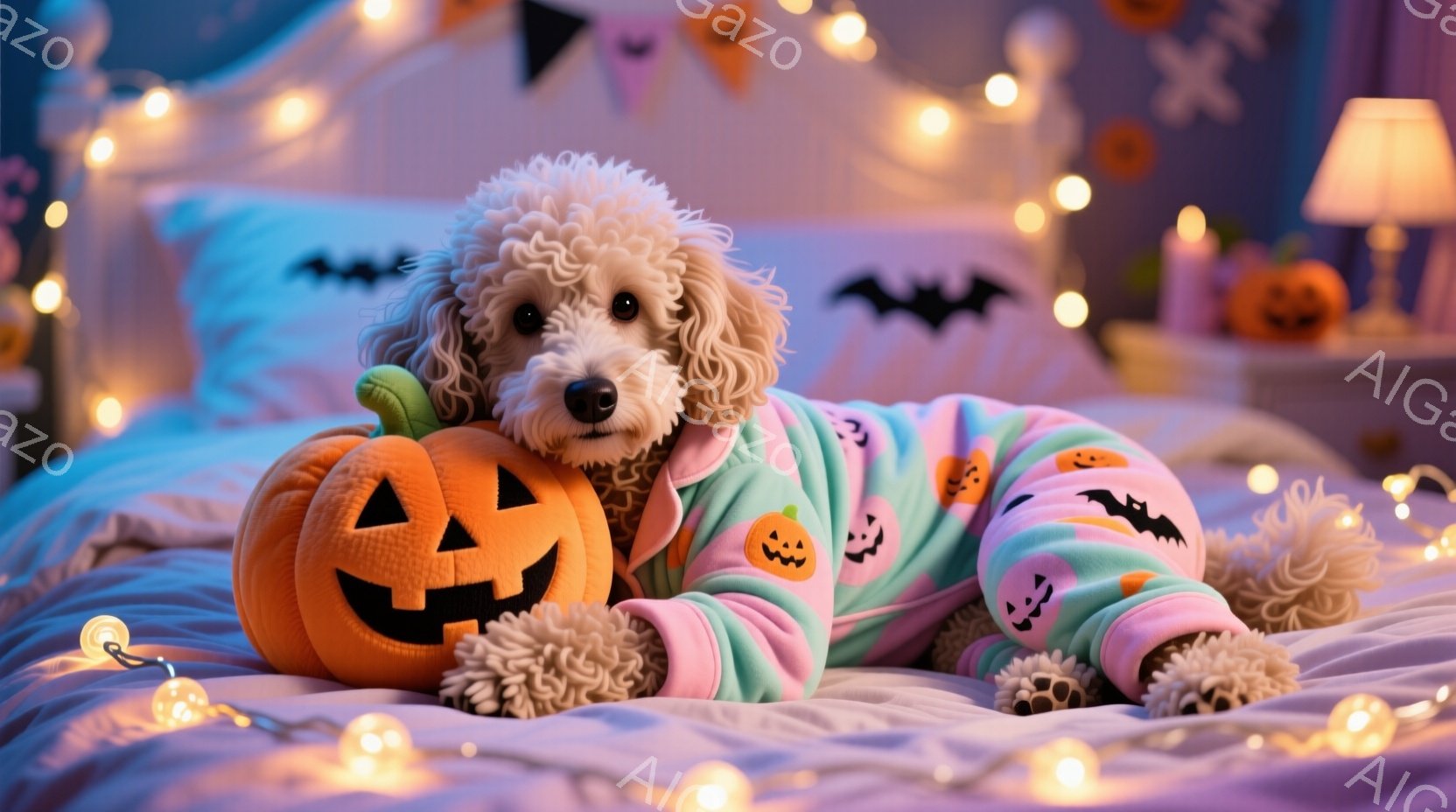 白い巻き毛の犬が、ハロウィーンの衣装であるカボチャの形のパジャマを着てベッドに横たわっています。パジャマは水色とピンクで、コウモリとカボチャの柄が描かれており、犬はリラックスした表情で、可愛らしい姿を - AI生成フリー素材