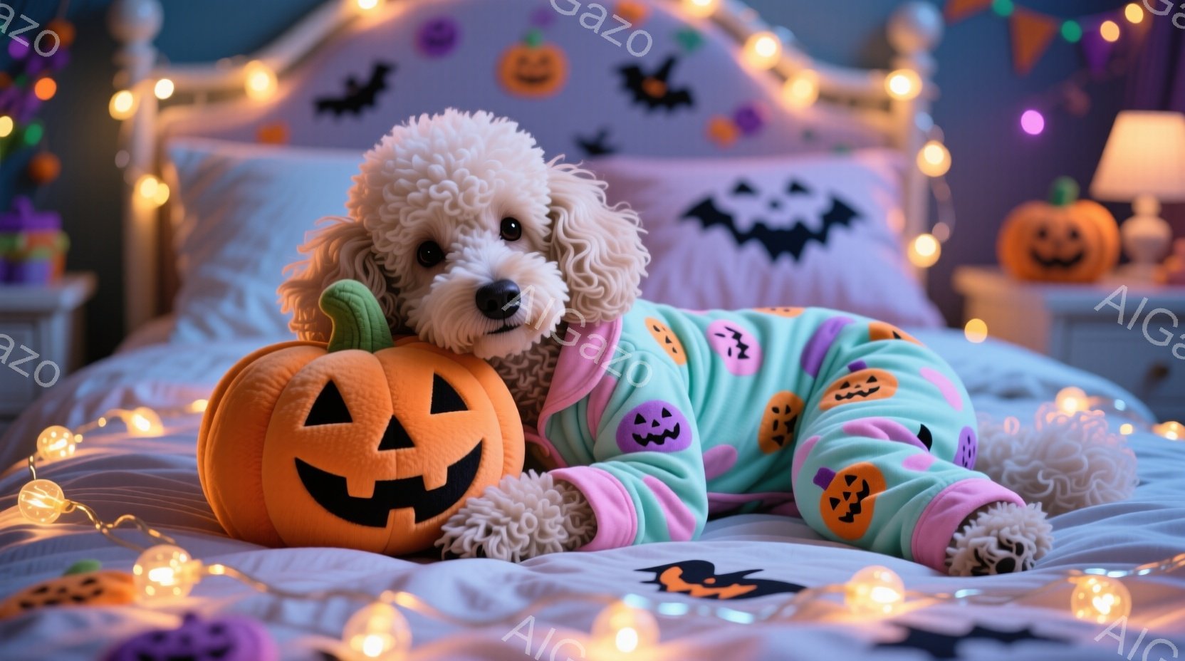 白い巻き毛の犬が、緑とオレンジ色のハロウィーン柄のパジャマを着てベッドに横たわっています。頭の上には、顔が彫られたオレンジ色のカボチャが置かれており、犬はリラックスした表情でこちらを見ています。背景に - AI生成フリー素材