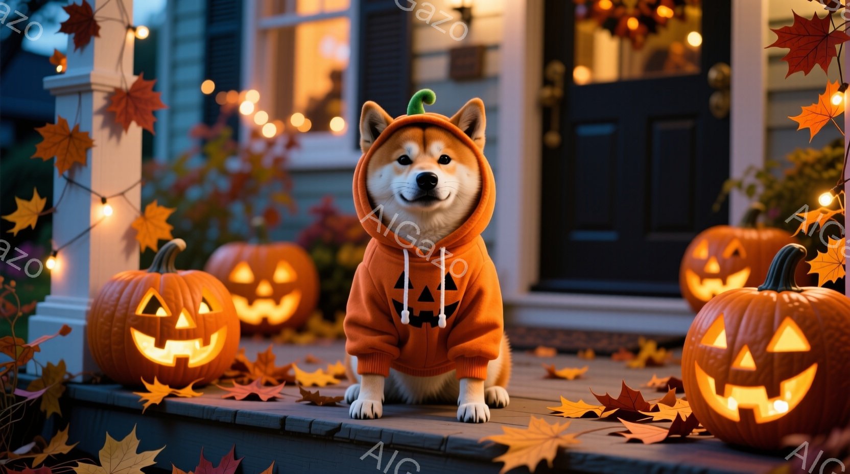 柴犬がハロウィーンの衣装であるオレンジ色のパーカーを着て、ベランダの階段に座っています。周りにはジャック・オー・ランタンが置かれ、落ち葉とオレンジ色のライトで飾られています。暖かく、お祝いの雰囲気が漂 - AI生成フリー素材