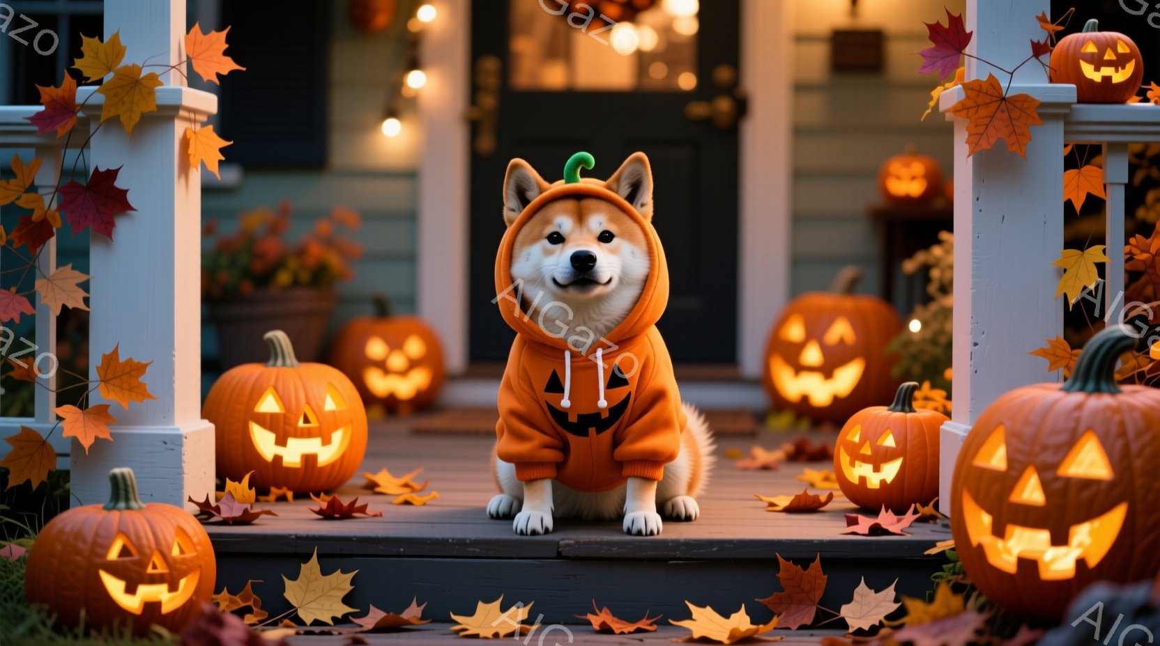 白い毛並みの柴犬が、ハロウィーン用のカボチャの着ぐるみのような服を着て、家の玄関前に座っています。周りには様々な大きさのジャック・オ・ランタンが置かれ、落ち葉が舞う秋の夜の雰囲気です。暖色の光が、暖か - AI生成フリー素材