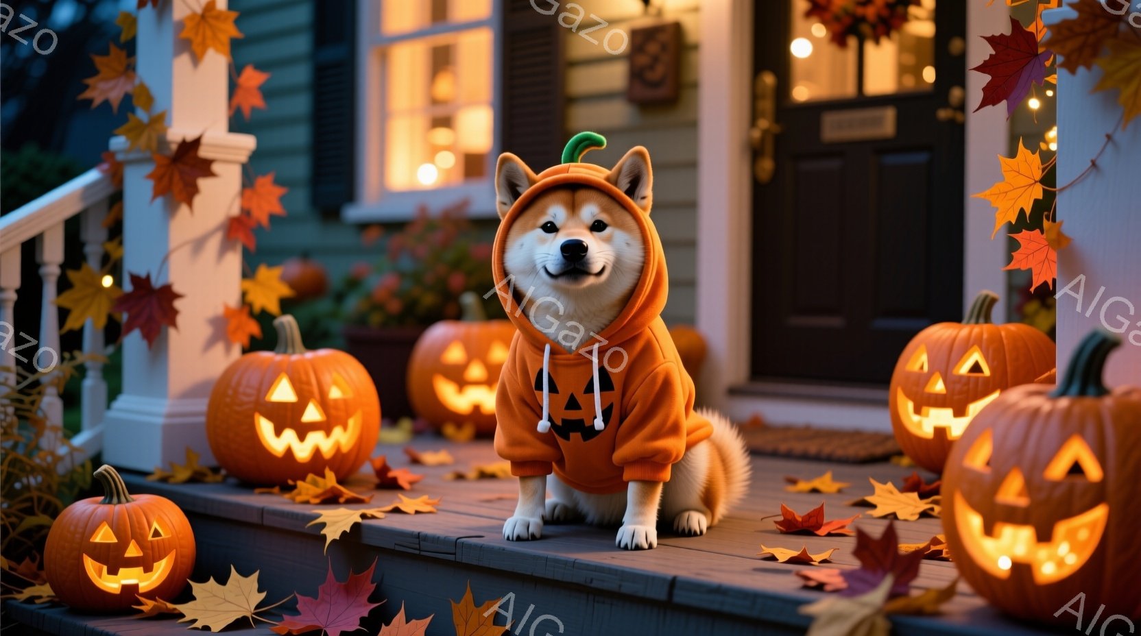 芝生とオレンジ色のカボチャに囲まれた玄関ポーチに、柴犬が座っています。犬はハロウィーンをテーマにしたオレンジ色のパーカーを着ており、少し前を向いて穏やかな表情をしています。背景には、窓から暖かい光が漏れる家があり、落ち葉が散りばめられ、全体的に秋の暖かくお祝いムードが漂っています。