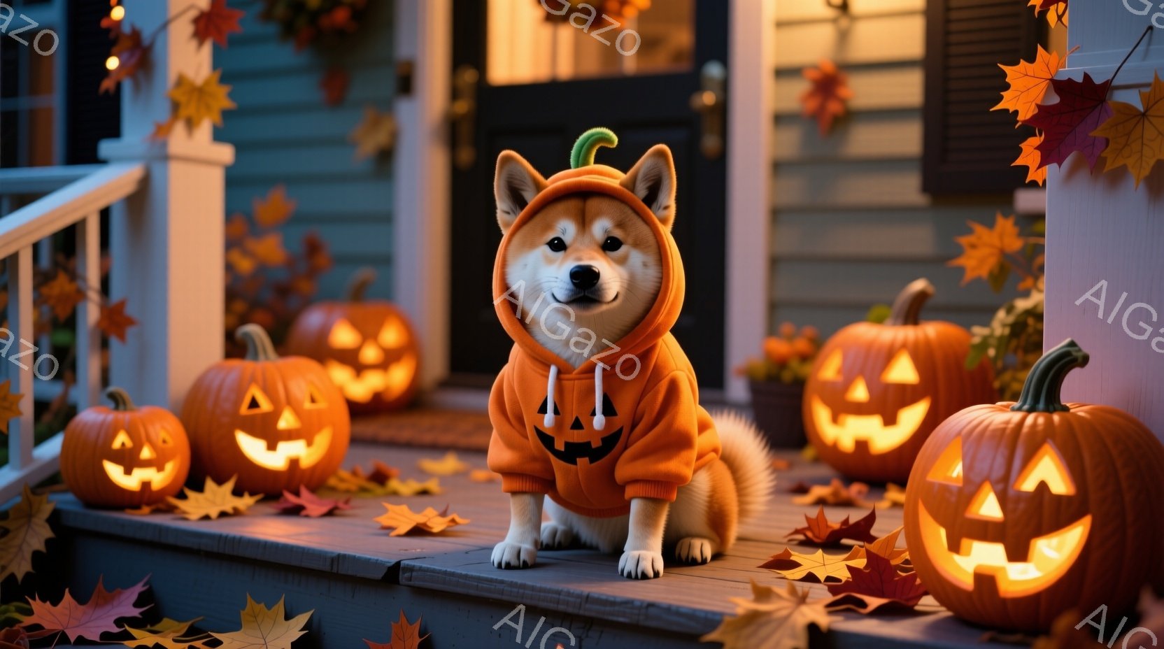 柴犬がハロウィーンの衣装を着て、家の玄関の階段に座っています。オレンジ色のパーカータイプの衣装は、前面にジャック・オ・ランタンのデザインがあり、頭には小さな角が付いています。背景には、点灯したジャック・オ・ランタンがいくつか並び、落ち葉が散らばっており、秋らしい、暖かく楽しい雰囲気を醸し出しています。