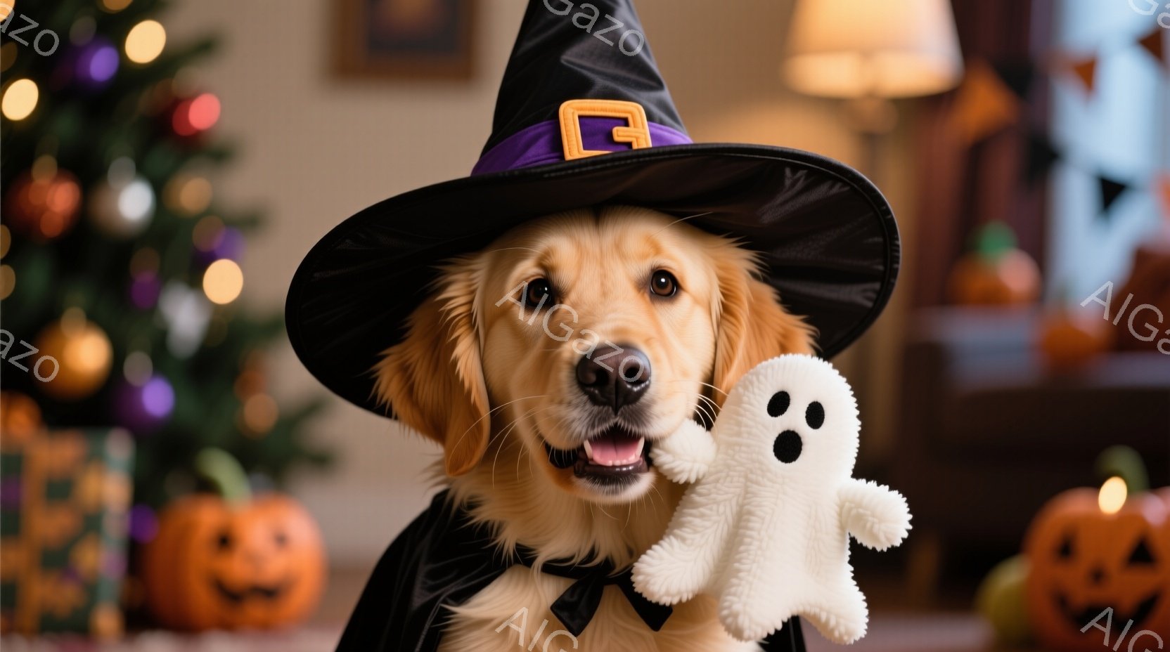 金色のレトリバーがハロウィーンの魔女の帽子とマントを身に着けて微笑んでいます。口には白いゴーストのぬいぐるみをくわえ、楽しそうな表情をしています。背景には、オレンジ色のハロウィーンカボチャや装飾が施さ - AI生成フリー素材