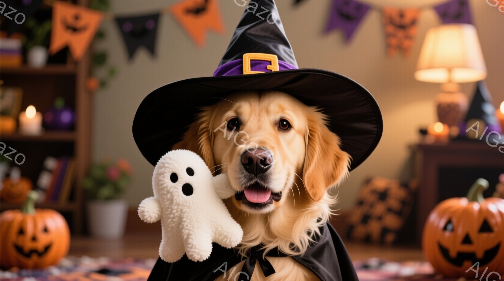 ゴールデンレトリバーがハロウィーンの魔女の帽子とマントを着て、おもちゃの幽霊を抱えています。犬は口を開けて笑顔を見せ、カメラに向かって正面を向いています。背景には、ハロウィーンの装飾が施された部屋があ - AI生成フリー素材