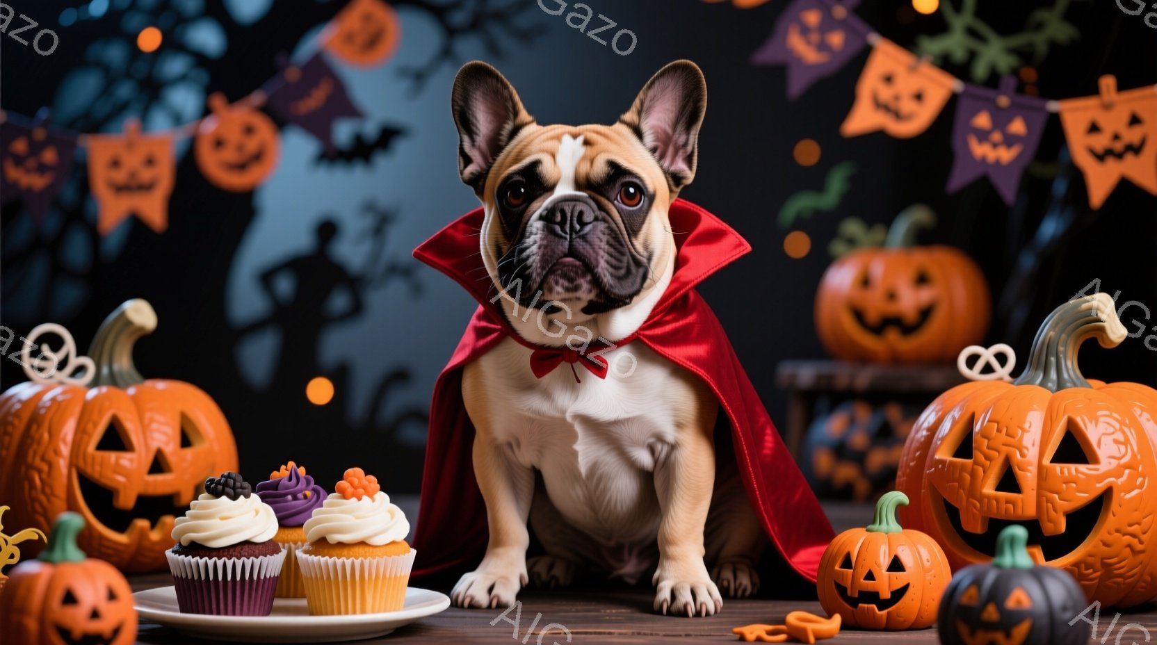 愛らしいフレンチブルドッグが、赤いマントと蝶ネクタイを身につけて座っています。ハロウィーンをテーマにした背景には、カボチャのランタン、お菓子、そして不気味なシルエットが描かれており、お祝いムードが高ま - AI生成フリー素材