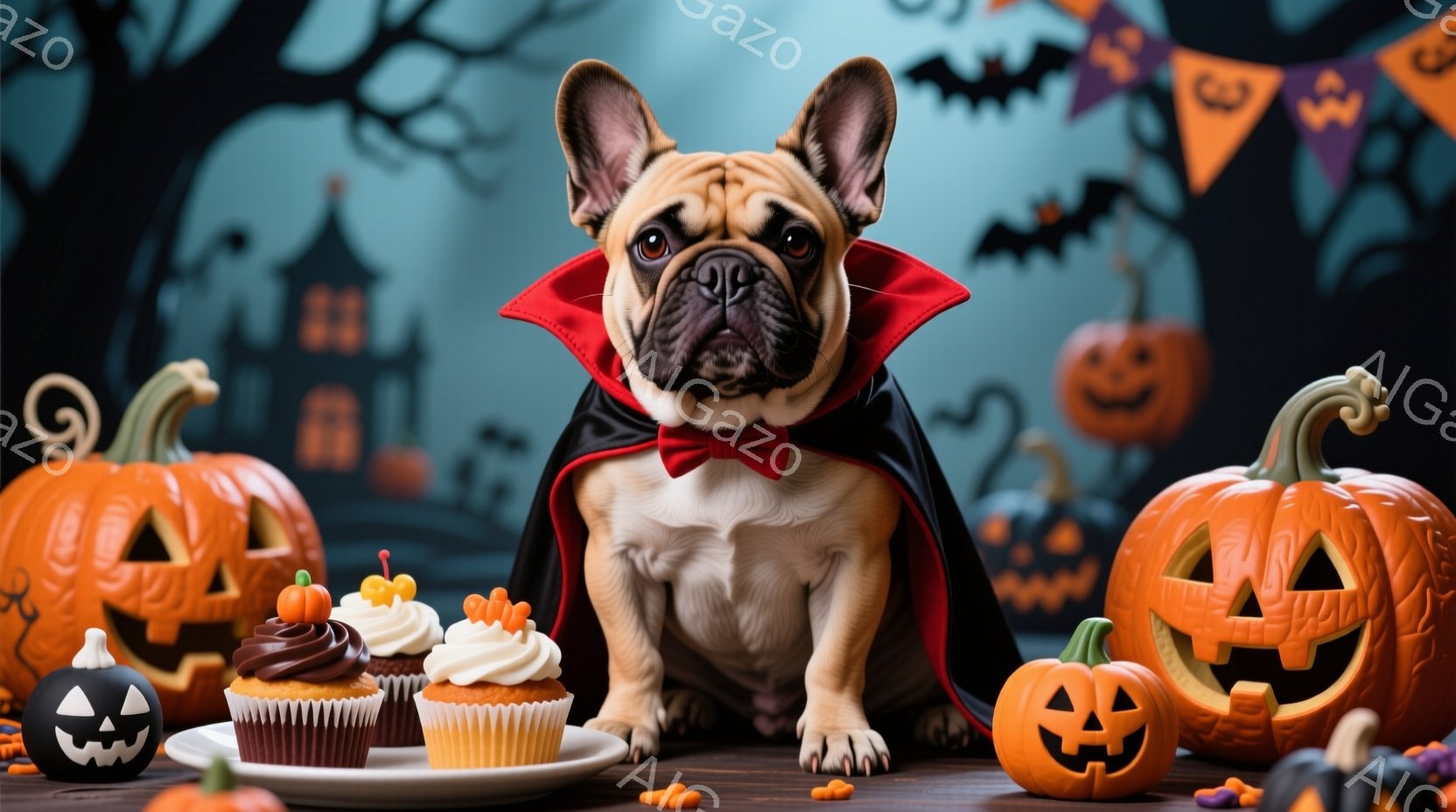 小さなフレンチブルドッグがハロウィーンの衣装を着て座っています。黒いマントと赤い襟が特徴的で、首には赤い蝶ネクタイをしています。背景には、お化け屋敷やカボチャのランタン、ハロウィーンの飾り付けがあり、 - AI生成フリー素材