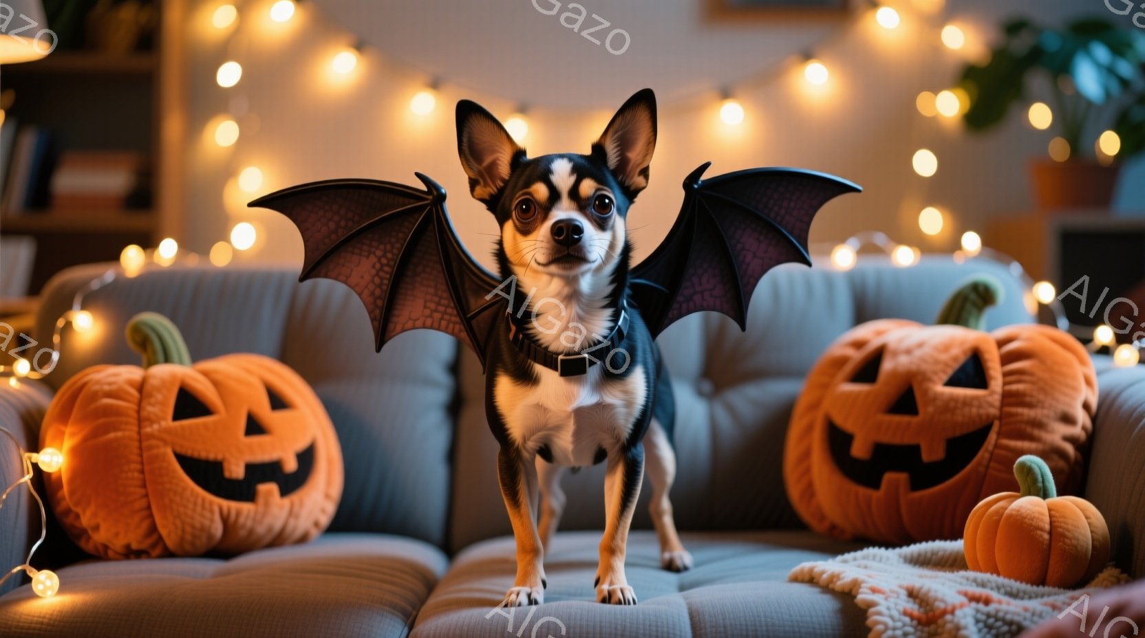 白と黒の毛並みの小型犬が、ハロウィーン用の黒いコウモリの羽をつけてソファに立っています。背景には、オレンジ色のジャック・オー・ランタンがいくつか置かれ、オレンジ色の暖かい光で照らされた空間が広がってい - AI生成フリー素材